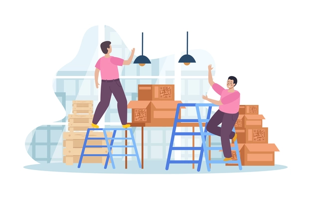 Man with ladder composition of flat indoor scenery with male coworkers parcel boxes pallets and window vector illustration