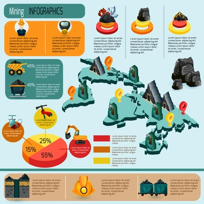 Mining industry infographics set with mineral extraction and production plants isometric elements and charts vector illustration