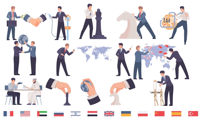 Geopolitics flat set of people engaged in global politic big game manipulation conclusion of contracts isolated vector illustration
