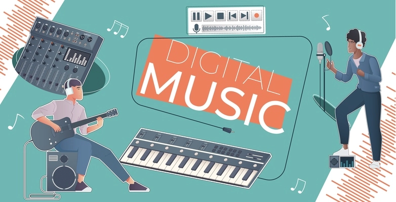 Digital music flat collage with singer and musician characters sound waves and professional equipment vector illustration
