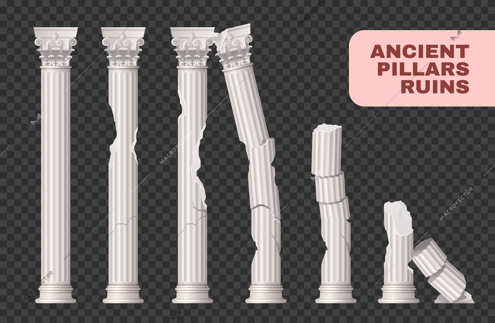 Pillars ruins ancient damaged set of isolated images with solid cracked ancient columns on transparent background vector illustration