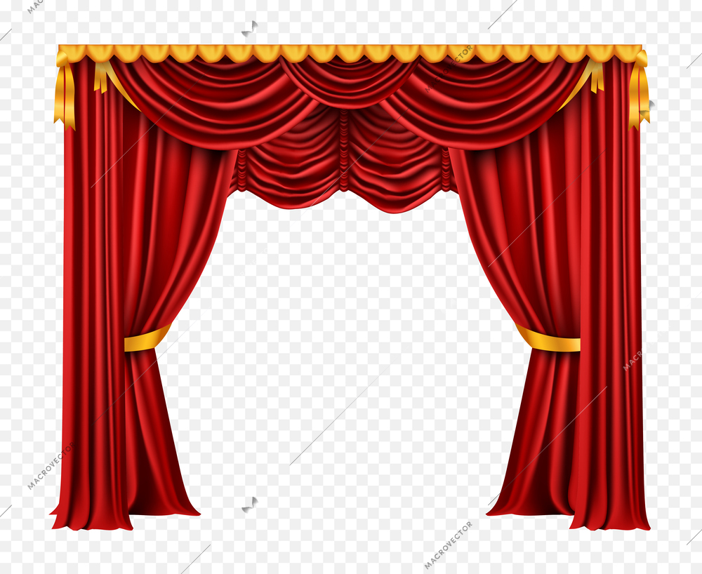 Realistic curtains composition with transparent background and theatrical backdrop made of hanging curtain fabric with wrinkles vector illustration