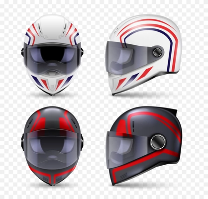 Realistic helmet motorbike set of isolated front and side view images of crash helmet with artwork vector illustration