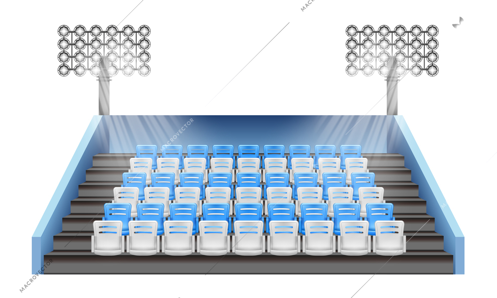 Realistic stadium tribune composition with isolated front view of arena sector with rows of empty seats vector illustration