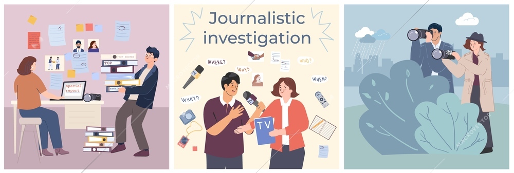 Journalistic investigations set with flat square compositions of male and female journalists finding facts doing interviews vector illustration