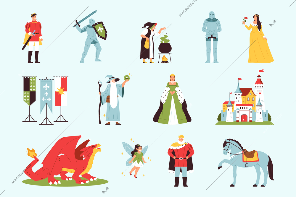 Kingdom color set with fairy tale story symbols flat isolated vector illustration