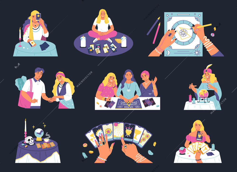 Fortune telling color set of isolated compositions with doodle characters of fortune tellers cards and accessories vector illustration