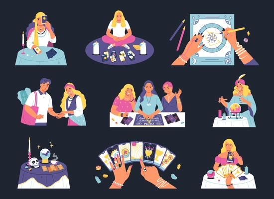 Fortune telling color set of isolated compositions with doodle characters of fortune tellers cards and accessories vector illustration