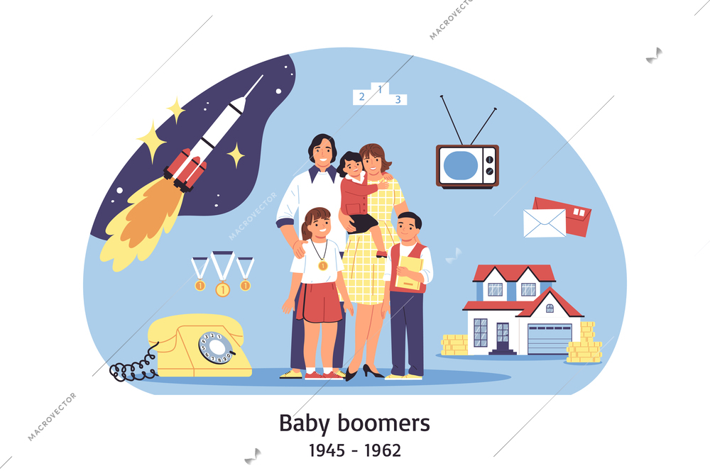 Generation baby boomers composition with characters of family members icons of vintage telephone tv flying rocket vector illustration