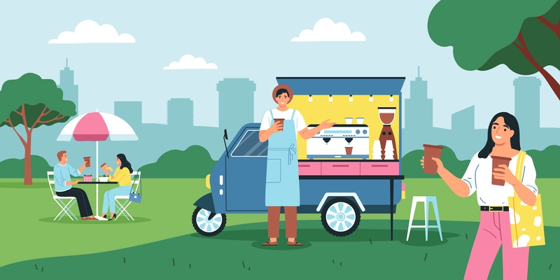 Street food composition with outdoor scenery and food truck with eating people and silhouette of cityscape vector illustration