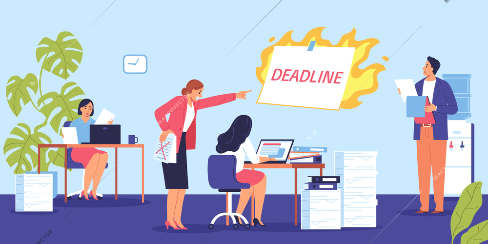 Procrastination project deadline composition with indoor view of office mad female boss and relaxed workers characters vector illustration