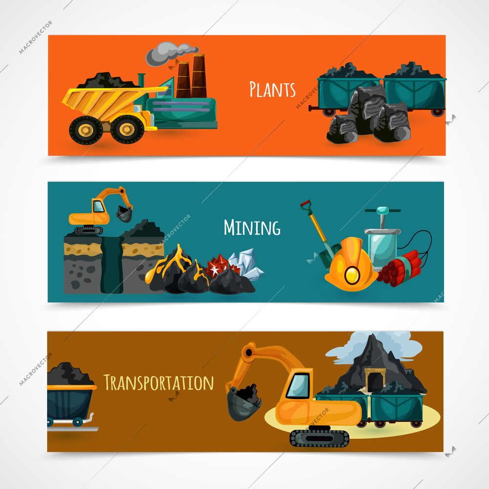 Mining industry horizontal banners set with mineral extraction and transportation elements isolated vector illustration