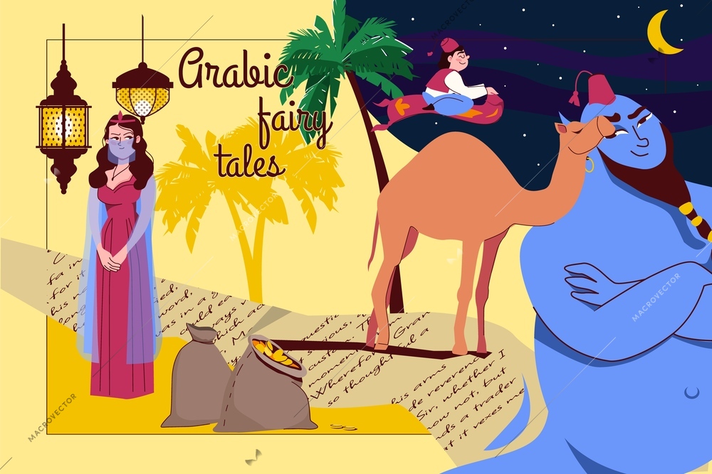 Arabic fairy tales colored collage with aladdin on magic carpet princess genie and bags of gold flat vector illustration