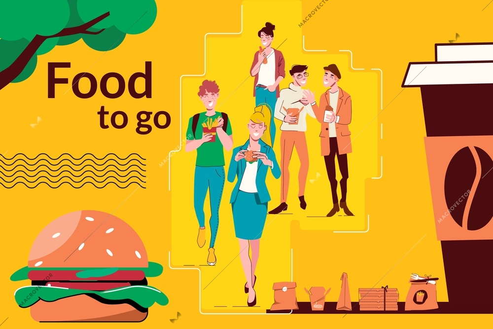 Food to go flat collage with people drinking coffee and eating fast food outdoor vector illustration