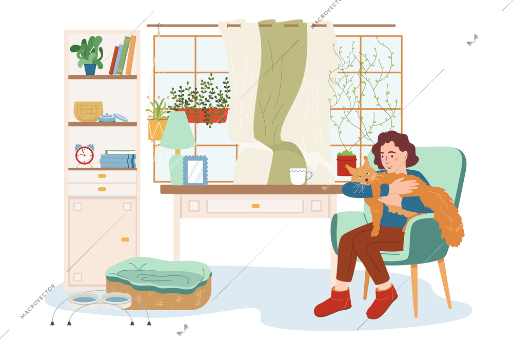 People with exotic pets flat composition of isolated living room scenery with sitting woman holding lynx vector illustration