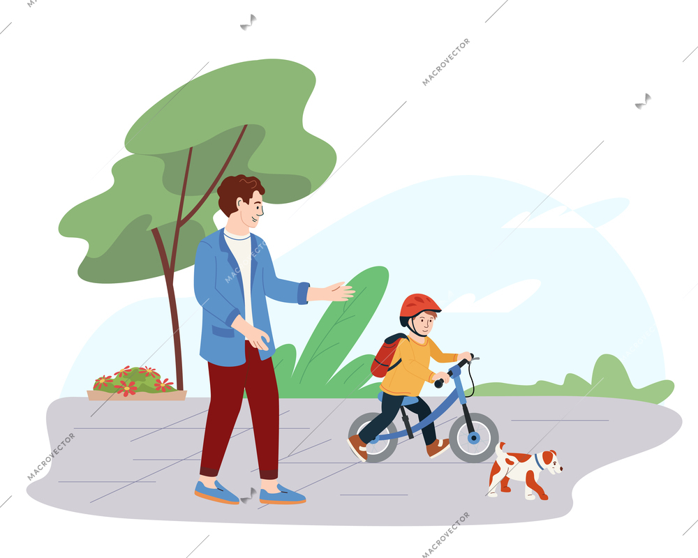 Children toy vehicles flat composition on blank background with outdoor scenery father and child riding bicycle vector illustration