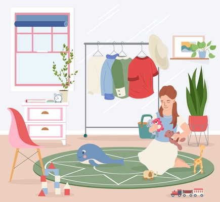 Household children helping flat composition with living room view and girl gathering her toys with clothes vector illustration