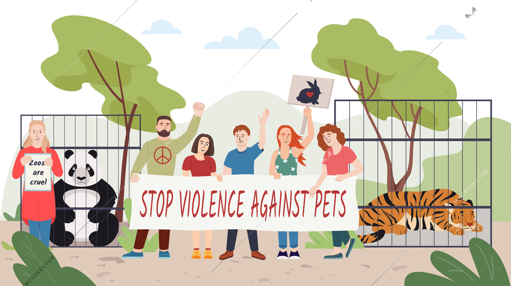 Animal activists flat composition with outdoor landscape panda and tiger in cages and people with placards vector illustration