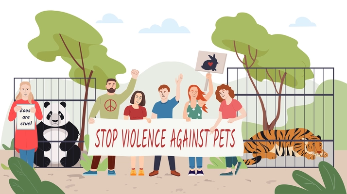 Animal activists flat composition with outdoor landscape panda and tiger in cages and people with placards vector illustration