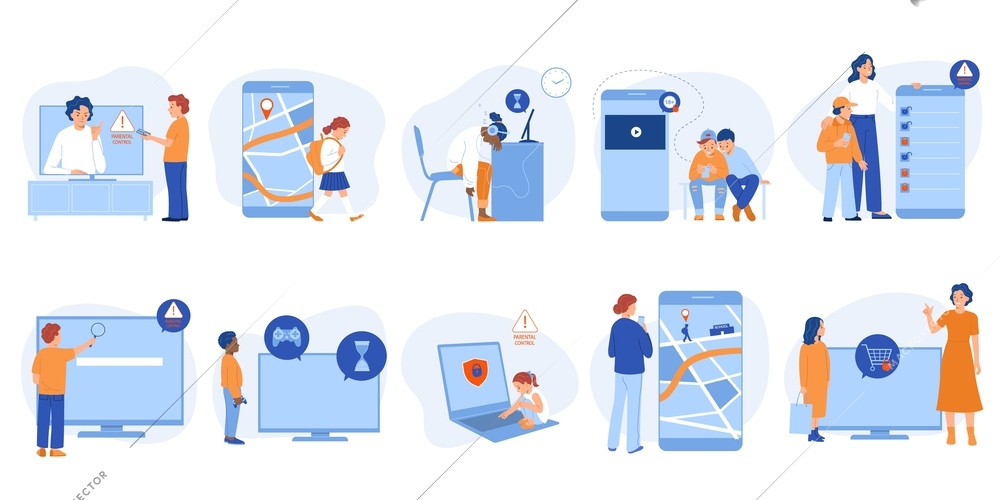 Flat set of gadgets with set up parental control and characters of children and parents isolated vector illustration