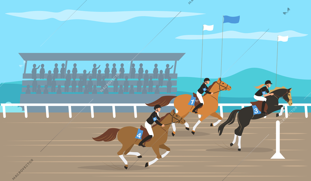 Three jockeys participating in horse race with obstacles flat vector illustration