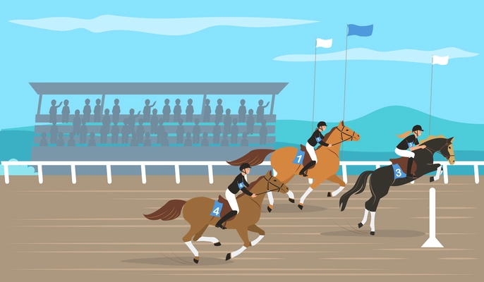 Three jockeys participating in horse race with obstacles flat vector illustration