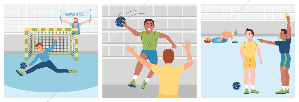 Handball players throwing ball goalkeeper injured man flat set isolated vector illustration