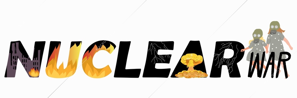 Nuclear war concept with text and collapse symbols flat vector ilustration