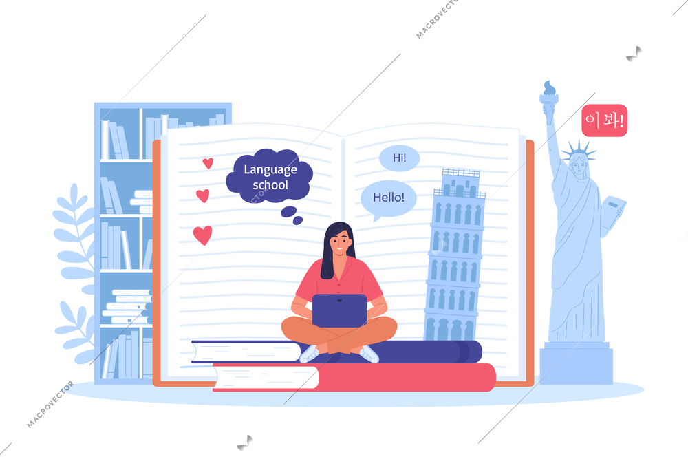 Language course flat composition with woman taking online lesson in from of open book with "hello!" text vector illustration