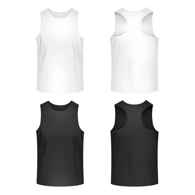 Male sport white and black tank top mockup front and back views realistic set isolated vector illustration