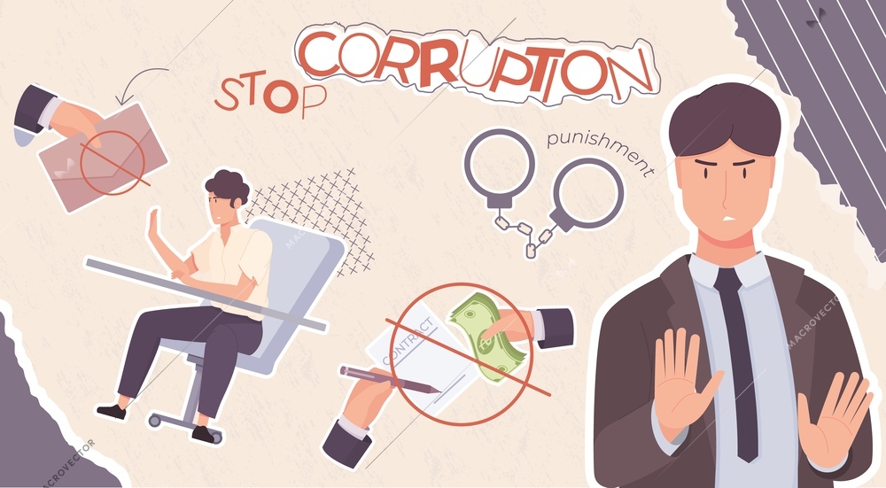 Anti corruption stop composition with collage of flat icons money in envelopes handcuffs and doodle people vector illustration