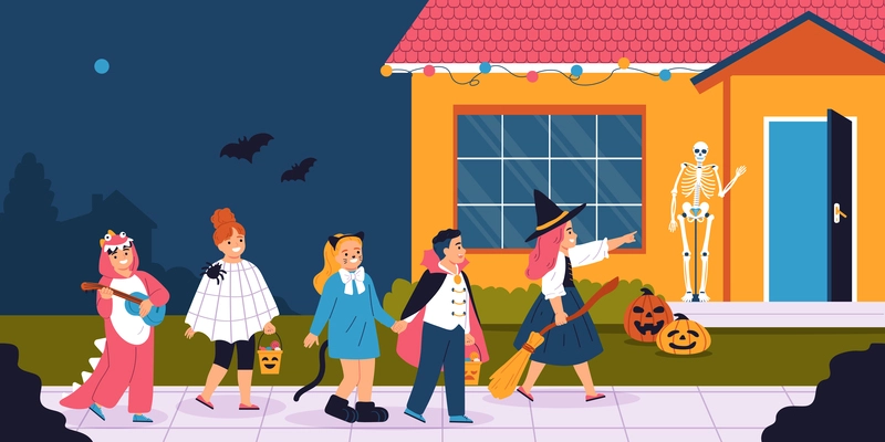 Children party flat concept with kids in halloween costumes vector illustration