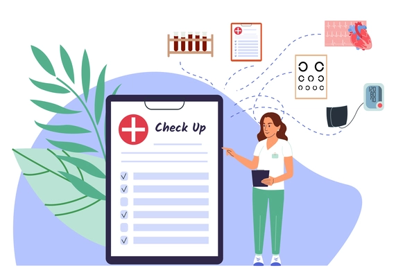 Medical checkup concept with examination and test symbols flat vector illustration