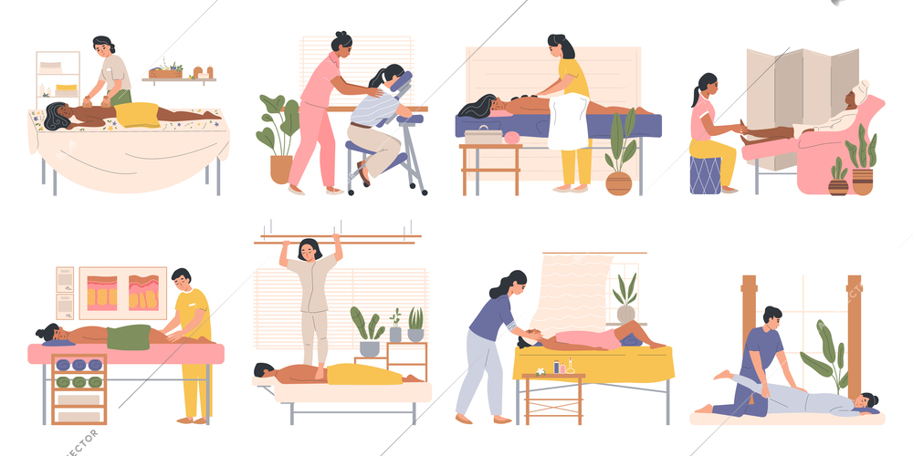 Types of massage set of flat isolated compositions with doodle characters of clients and massage therapists vector illustration