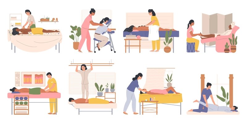 Types of massage set of flat isolated compositions with doodle characters of clients and massage therapists vector illustration