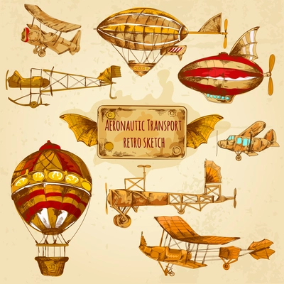 Vintage steampunk aviation colored sketch decorative icons set with zeppelin balloon and airplane isolated vector illustration