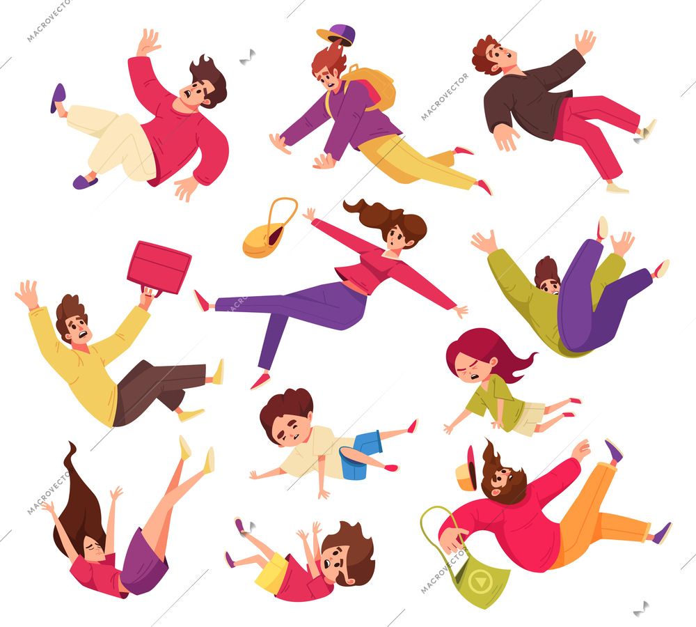 Falling people isolated icon set young adults and children fall from anywhere vector illustration