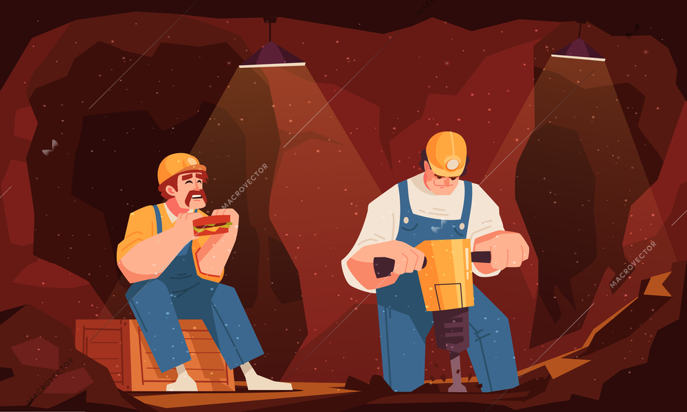 Mining colored concept two workers in the mine one eats his lunch and the other digs vector illustration