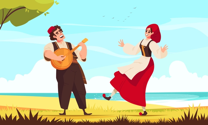 Colored flat folklore music composition man plays music and his couple dances vector illustration