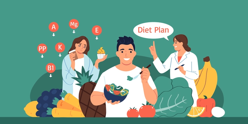 Nutritionist consultation concept with diet course symbols flat vector illsutration