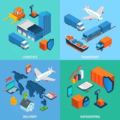 Logistics isometric set with transport safekeeping delivery 3d icons isolated vector illustration