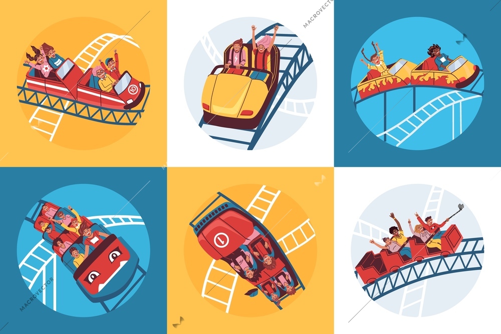 Set with flat roller coaster round compositions with crossings of rails red cars and screaming people vector illustration