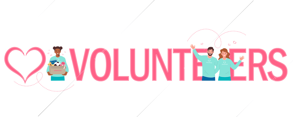 Volunteering text banner in flat style with happy volunteers collecting donations vector illustration