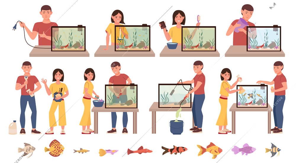 Aquarium clean care flat set with isolated icons of exotic fishes and people with aquarium equipment vector illustration