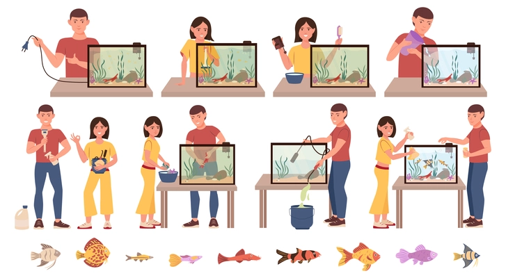 Aquarium clean care flat set with isolated icons of exotic fishes and people with aquarium equipment vector illustration