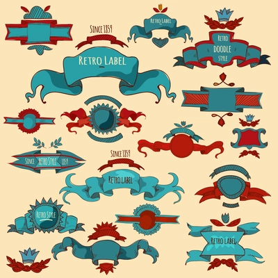 Hand drawn retro style labels colored set isolated vector illustration