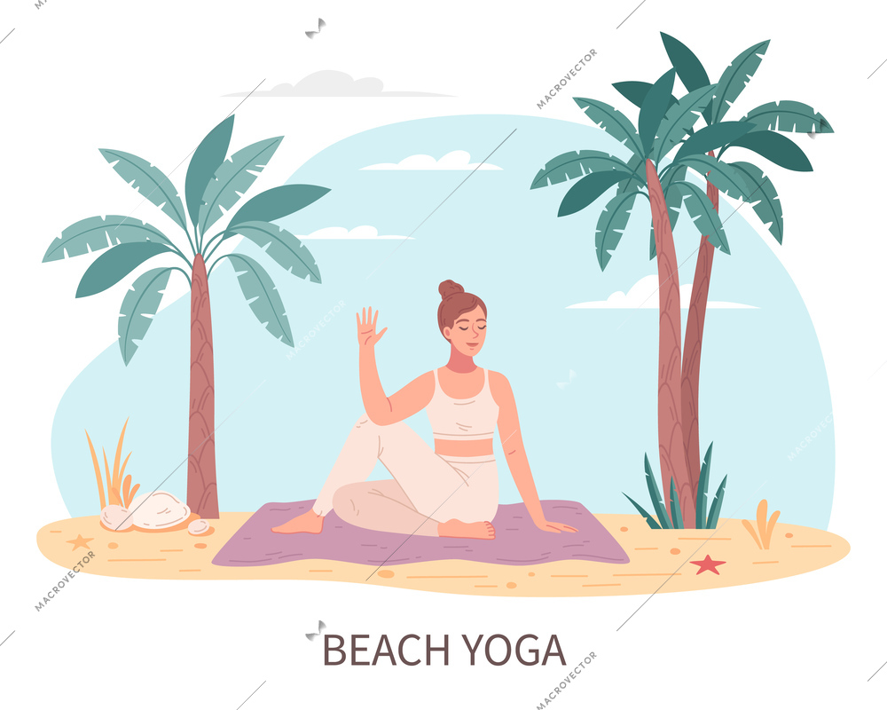 Beach activities flat cartoon with woman doing yoga on seashore vector illustration