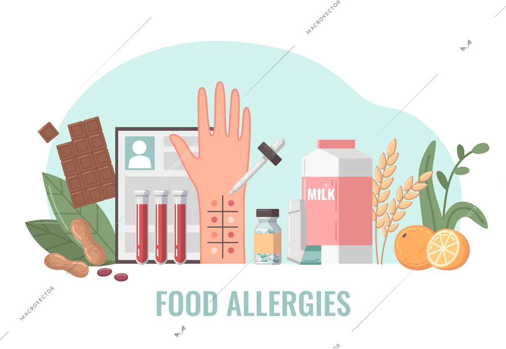 Nutrition flat composition with food allergies research and allergen products vector illustration