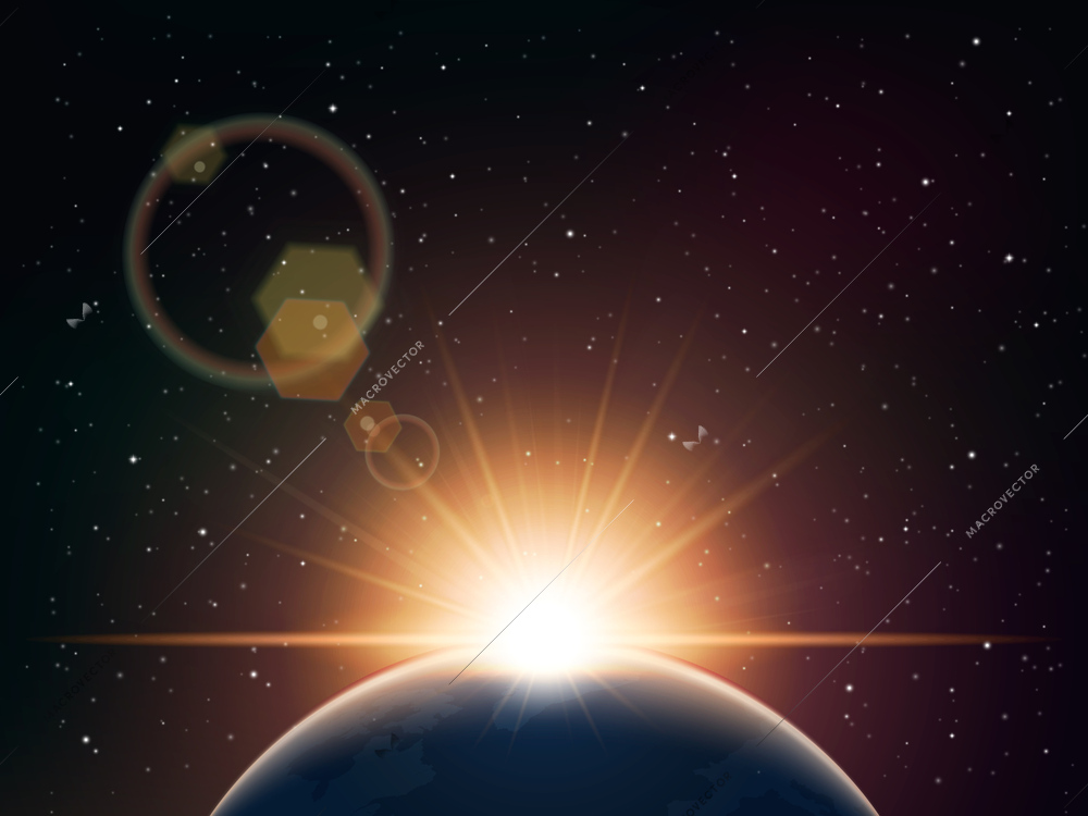 Eclipse realistic composition with sun flare and galaxy on background vector illustration