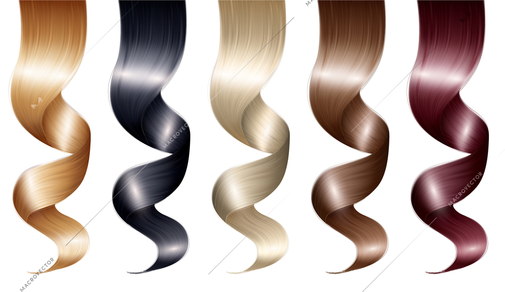 Realistic curls female hair set with isolated natural hair coils painted in various color and shade vector illustration